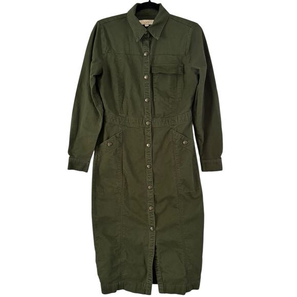 Loft Dark Green Snap Button Long Sleeve Denim Midi Dress Women’s Size 4 - Picture 1 of 7